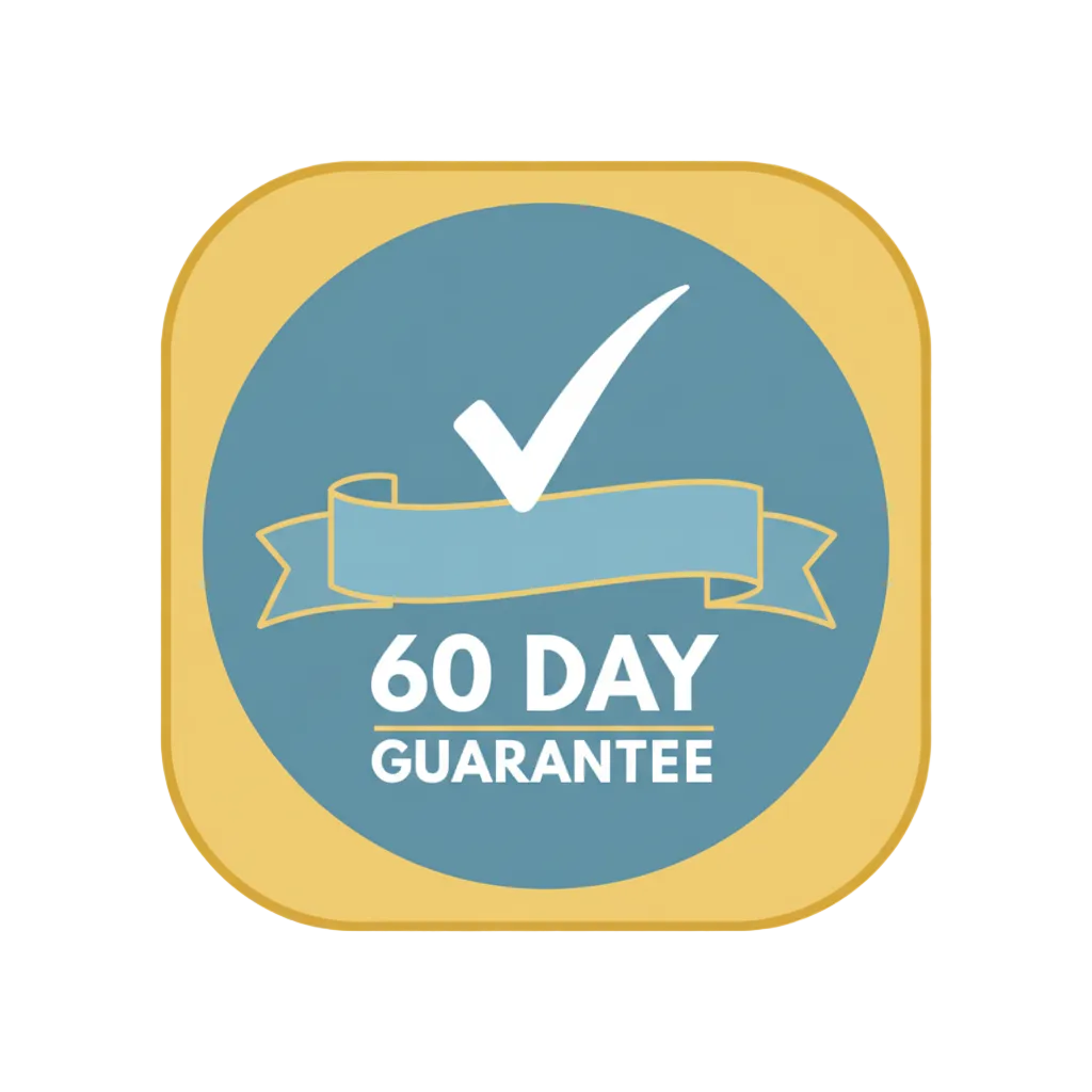 Create a badge / guarantee icon showing 60-day guarantee or a checkmark on a ribbon. Rounded, minimal, soft blue and yellow accents, transparent background.