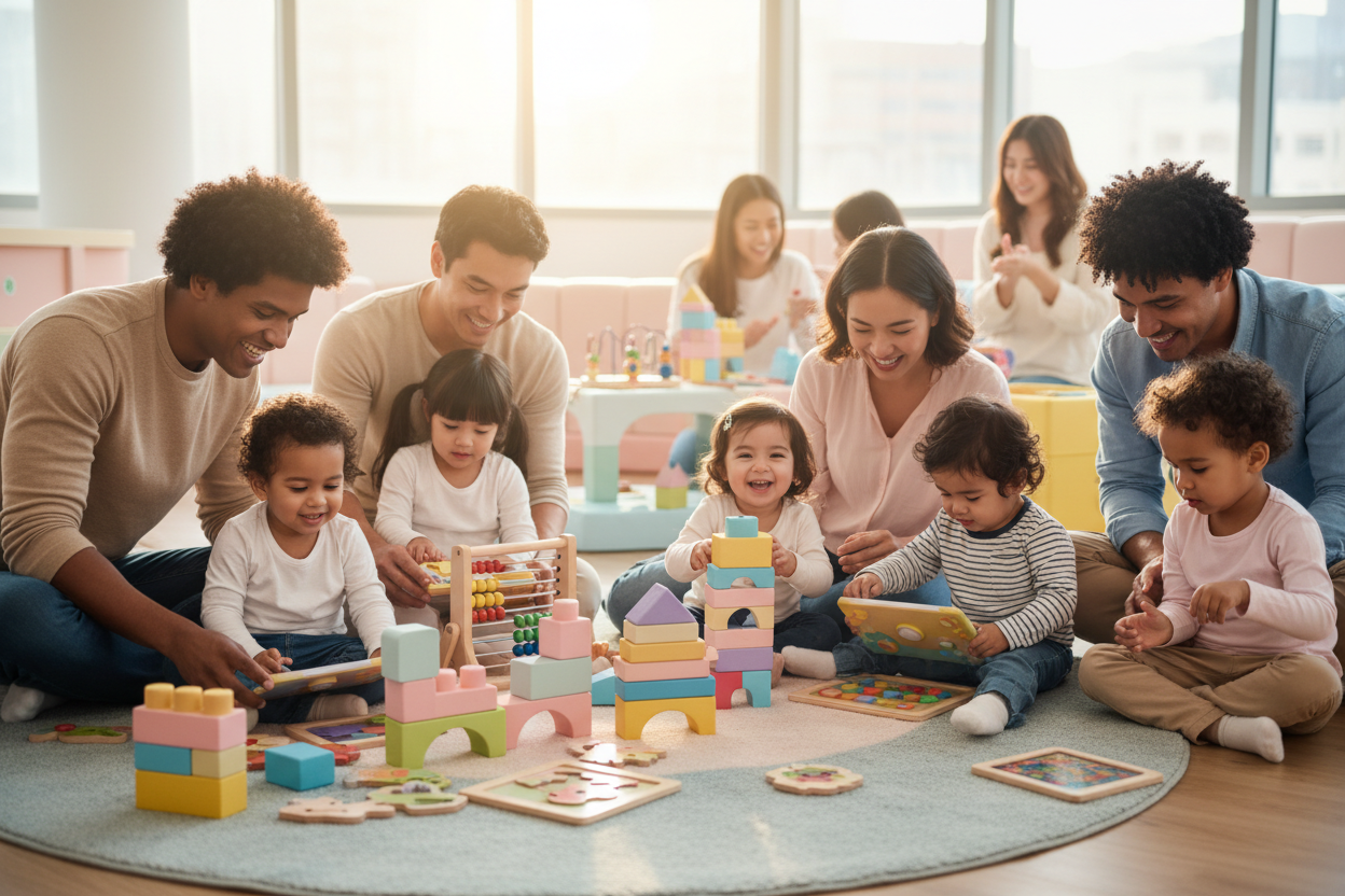 Create a bright and playful hero image showing happy children and parents interacting together. Include educational toys like building blocks, puzzles, and interactive learning tools. The style should be realistic but friendly, with soft pastel colors, warm lighting, and a joyful, safe atmosphere. Focus on fun, learning, and community spirit.