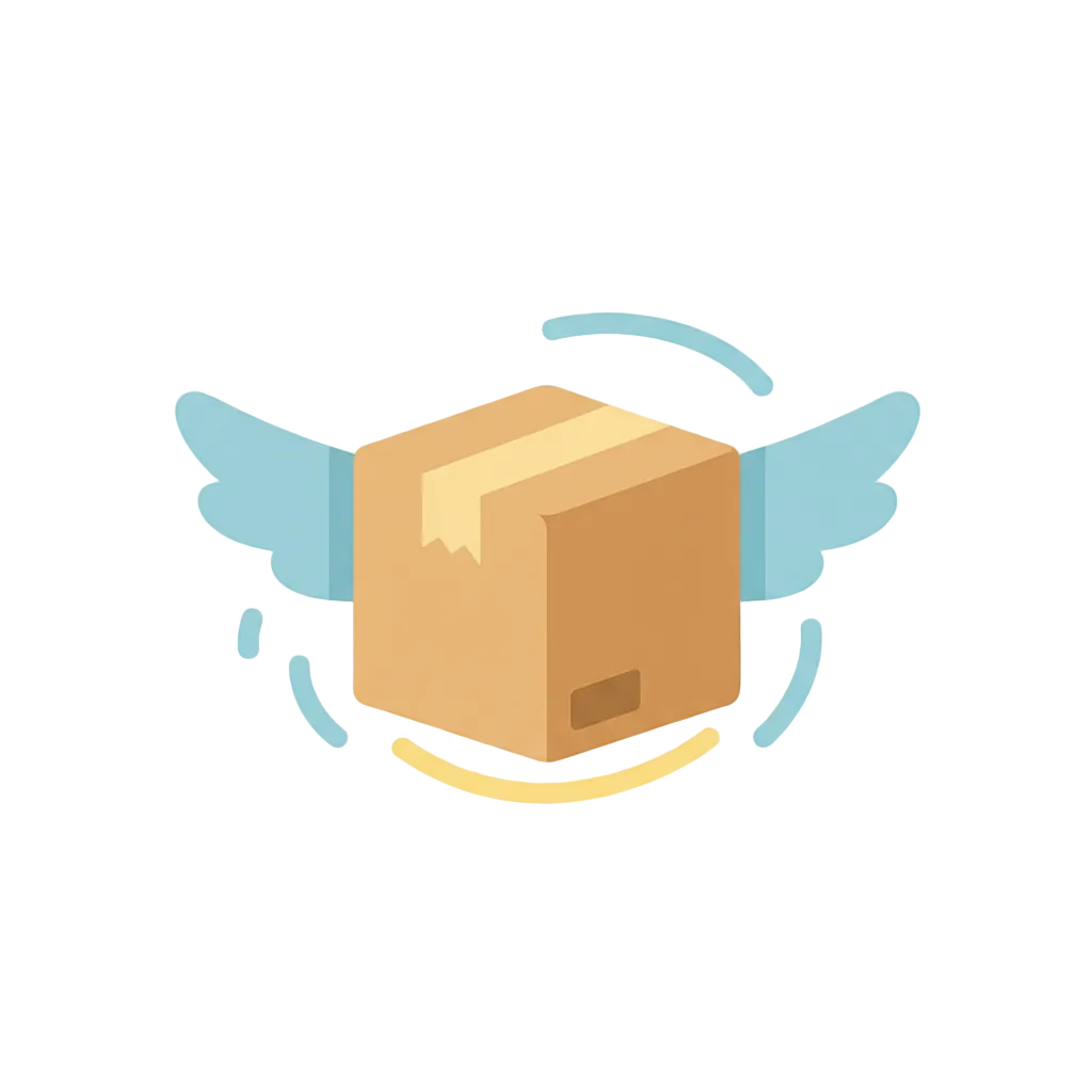 Create a delivery / shipping icon showing a small box with motion lines or wings. Rounded friendly design, soft blue and yellow accents, minimal style, transparent background.