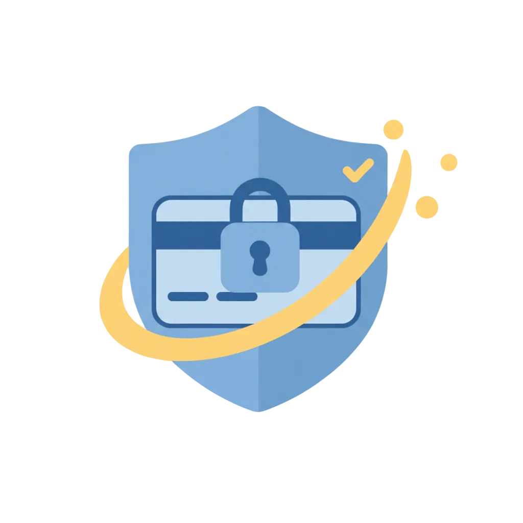 Create a secure payment icon with a lock or shield and a credit card. Minimal, friendly, rounded lines, soft blue (#4FA3F7) with yellow (#FFD966) accents, transparent background.