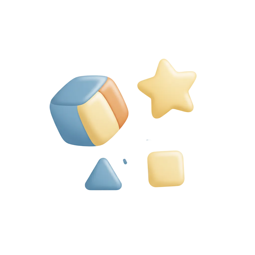 Create an icon showing fun learning toys — like a block, star, or educational shape. Minimal, rounded, soft blue and yellow accents, transparent background.