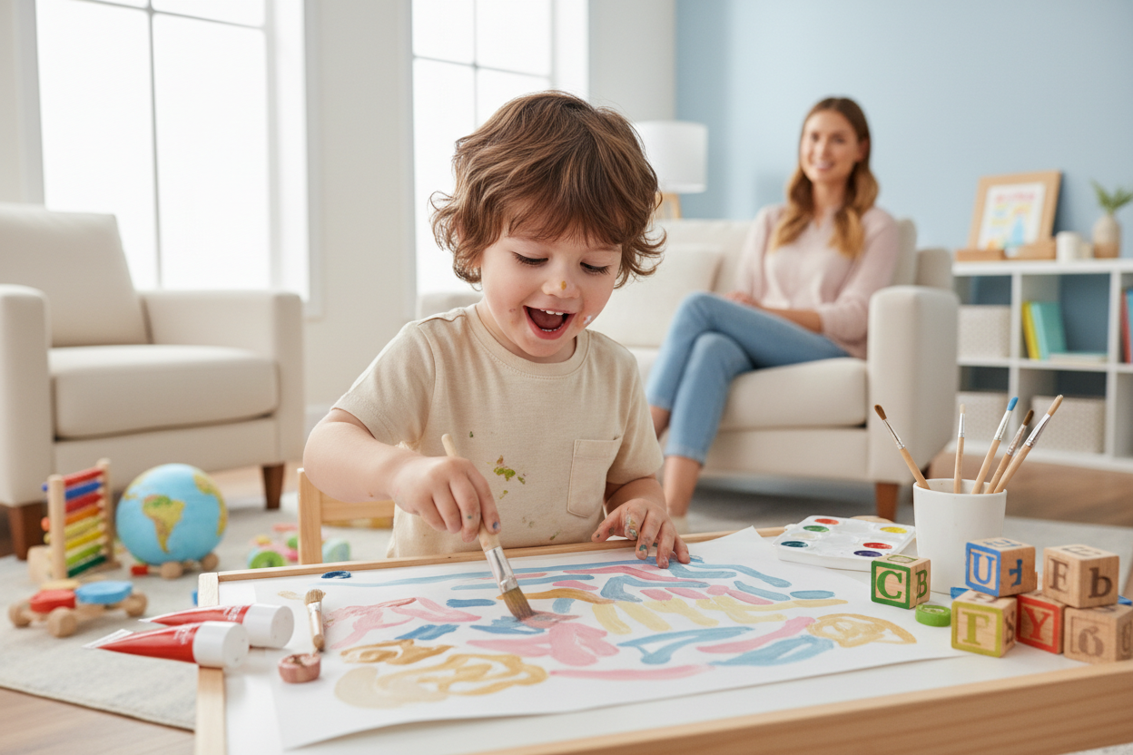 Create an image of a child exploring or learning creatively, e.g., painting, building, or experimenting with safe learning toys. Include parent supervising in the background. Style should be realistic, warm, soft pastels, modern, professional, and friendly. The image should convey curiosity, creativity, and learning.