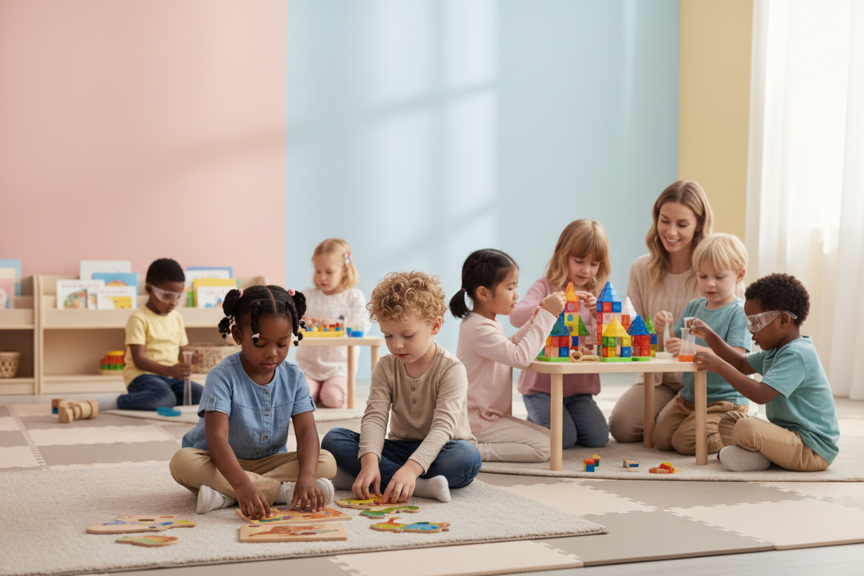Generate a clean and modern image of children playing with educational toys in a colorful, safe environment. Include elements like books, puzzles, and STEM toys. Realistic style, soft pastel background, soft lighting, cheerful and inviting, emphasizing safety, fun, and learning.